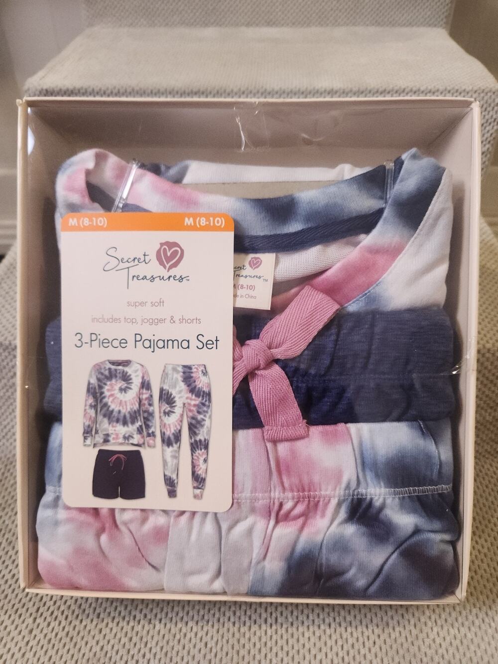 Secret Treasures 3-Piece Pajama Set Tie Dye Pink Blue Women's Medium (8-10) NIB